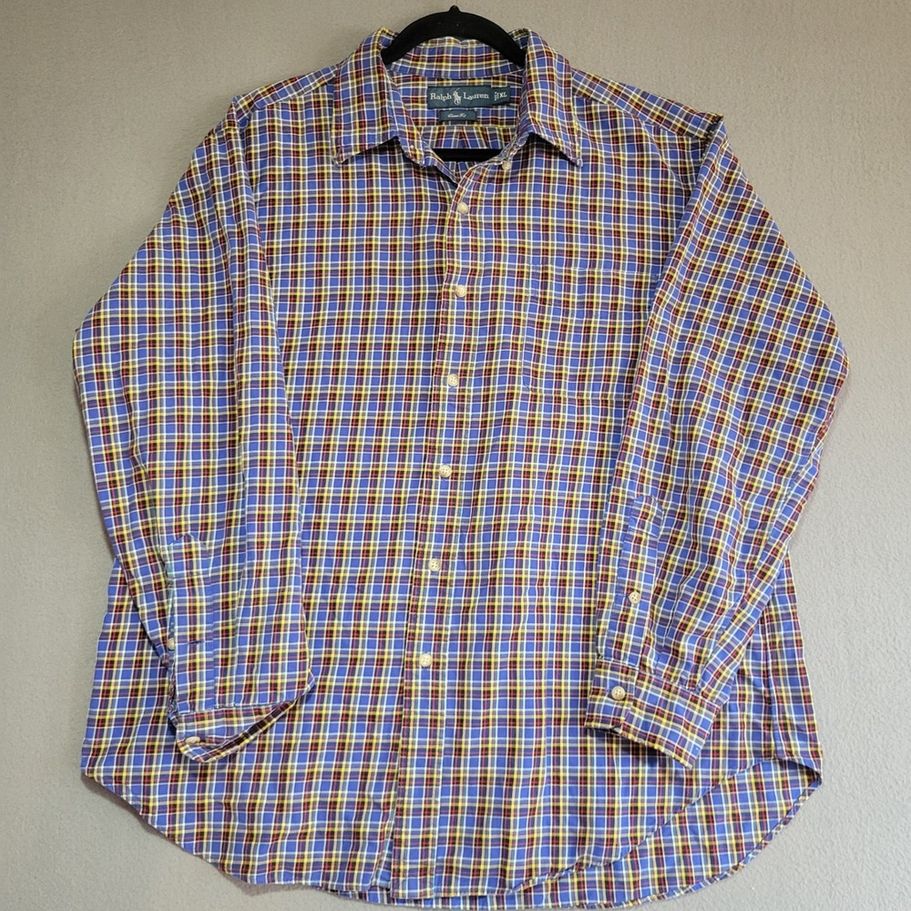 Ralph Lauren Mens XL Classic Fit Plaid Button Down Shirt Blue Yellow Long Sleeve